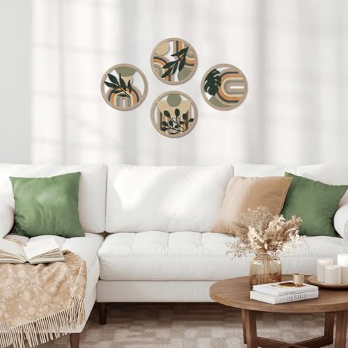 TOARTi 4Pieces Boho Botanical Wooden Wall Art Abstract Bohemian Hanging Sign Farmhouse Geometric Neutral Round Wall Decor Mid Century Minimalist Aesthetic Plant Artwork for Bedroom Living Room Office Decor - color: green