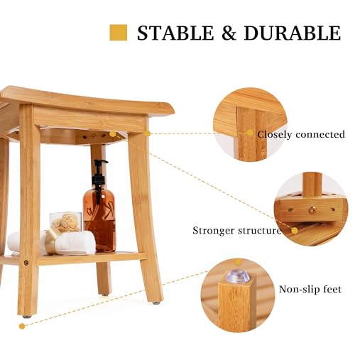Unibambou Bamboo Shower Bench Inside Shower Stool with Storage Shelf, Spa Bath Chair for Bathroom, Seat or Organizer for Living Room, Bedroom and Garden - Great for All Ages Elderly (Small, Natural) - color: Natural, size: Small 16x10x17 Inch