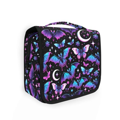 MNSRUU Hanging Toiletry Bag Neon Purple and Bats Stars and Moons Travel Makeup bag for Toiletries Portable Travel Toiletry Organizer Cosmetic Bags with Hanging Hook - color: Bats A8889