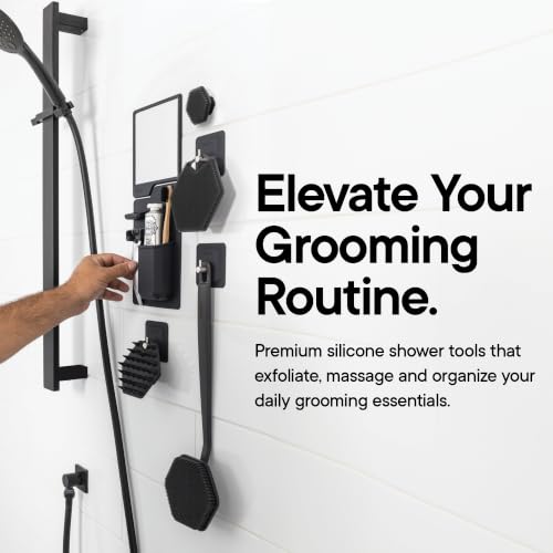 TOOLETRIES The Scrub King Silicone Shower Set - Charcoal | Complete silicone shower set with back, body, face and scalp scrubbers, hooks and storage holder.