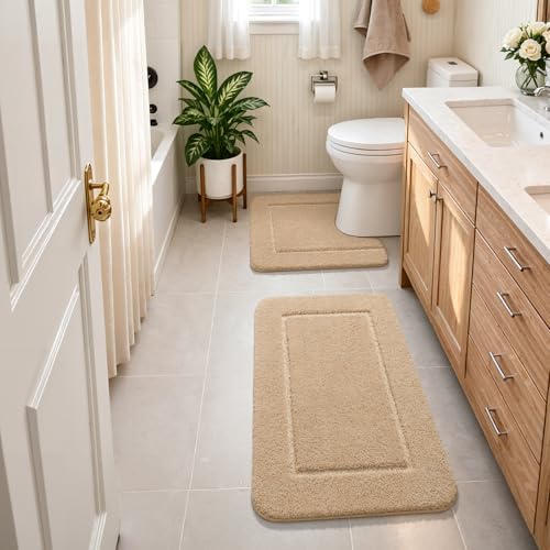 LOCHAS Bathroom Rug Set Beige, Soft Bath Rug Set 2 Piece, Toilet Mat U-Shaped 24x24 and 34x21 Bath Rugs, Quickly Dry Mats for Bathroom, Tub, Washable, Super Absorbent Floor Mat - color: Beige, size: 34" x 21" Plus 24" x 24" (U-Shape)