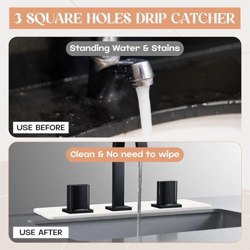 Teenyyou 3 Square Hole White Faucet Mat for Kitchen Sink Bathroom 16.14" x 4.49" Kitchen Faucet Absorbent Mat Diatomite Splash Guard Quick Drying Stone Drip Catcher Hole 1.97" Holes Spaced About 1.97" - color: White, style: 3 Square Hole