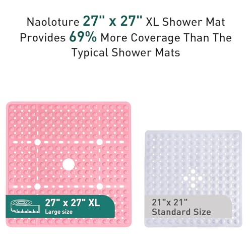Large Square Shower Mat 27 x 27 Inch Pink, Non Slip Shower Bathtub Mats for Inside Shower with Big Suction Cups Drain Holes, Anti Slip Bathroom Floor Shower Stall Mats, Easy Clean, BPA-Free - color: Pink