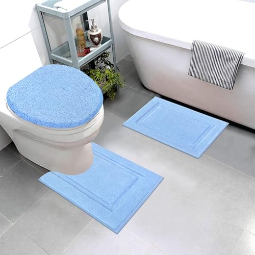 SHACOS Microfiber Bathroom Rugs Set of 3 with Toilet Lid Cover Non Slip | Washable Bath Mat Absorbent Bathroom Carpet 16"x24"+U Shape Toilet Rug 20"x24"+Toilet Lid Cover 19"x21", Light Blue - color: Light Blue, size: 16"x24"+U-Shape 20"x24"+Lid Cover 19"x