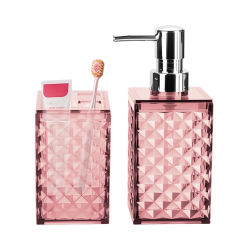 Bathroom Accessories Set 2 PCS, Pink Bathroom Accessories Include Soap Dispenser and Toothbrush Holder, Diamond Pattern Bathroom Set for Boho Bathroom Decor - color: Pink