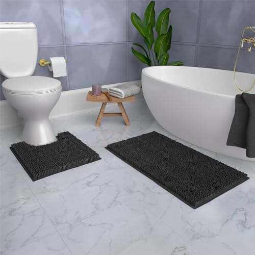 Luxury Black Bathroom Rugs - 2-Piece Set, Soft Plush Anti-Slip Bath Rug + U-Shaped Toilet Mat. Microfiber Shaggy Carpet, Super Absorbent - 36'' x 24'' + 24'' x 20'', Black - color: Black, size: 2 Piece Set - Large