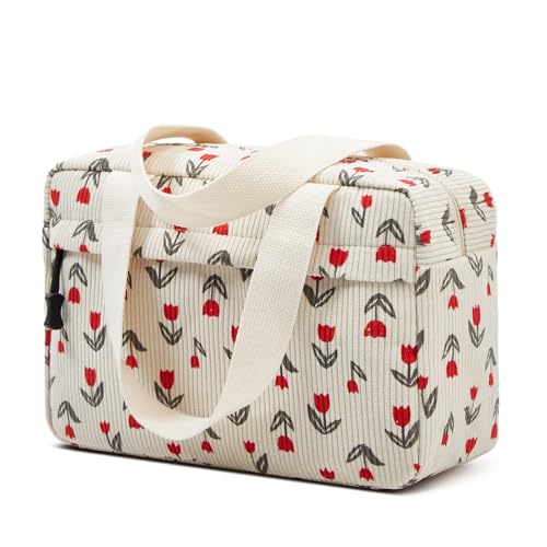 Large Makeup Bag for Women Corduroy Cosmetic bag Make up Bags Zipper Pouch with handle Cosmetic Organizer Toiletry Bag for Travel Storage - color: 12-Red Tulip