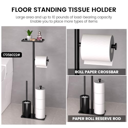 Modern Bathroom Toilet Paper Holder Stand, Black Metal, with Storage Shelf, Brush Holder, 3-Roll Storage, Freestanding Design