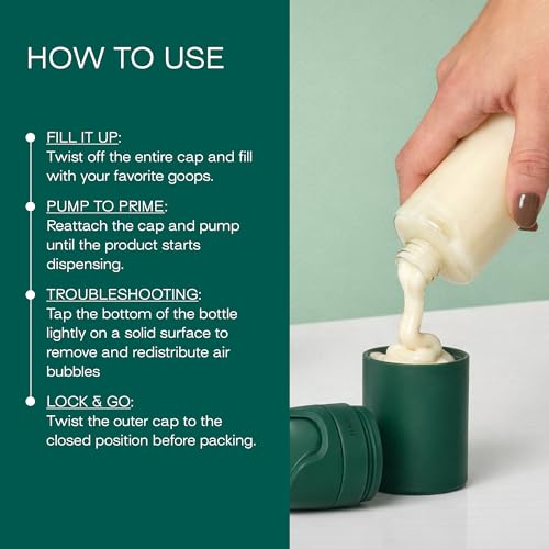 RIES Essential Refillable Toiletry Travel Bottles Airless Pump Set | TSA Approved, Leak Proof Airless Pump, BPA Free Recycled Plastic, 5 Piece Escapade Green Color Set, Dishwasher Safe - color: Escapade Green