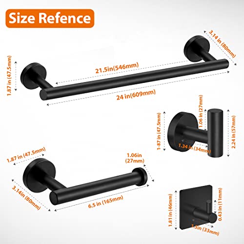 Tudoccy 5-Pieces Matte Black Bathroom Hardware Set SUS304 Stainless Steel Round Wall Mounted - Includes 24" Hand Towel Bar, Toilet Paper Holder, 3 Robe Towel Hooks, Bathroom Accessories Kit - color: Black, size: 24 Inch 5 pcs