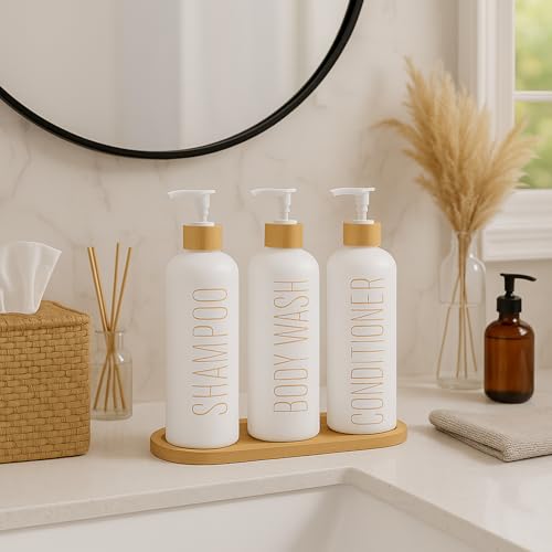 3-Pack 16oz Refillable Glass Shower Dispenser Set with Bamboo Pump, Tray, and Funnel for Shampoo, Conditioner, and Body Wash – Perfect for Bathroom and Guest Rooms (White)