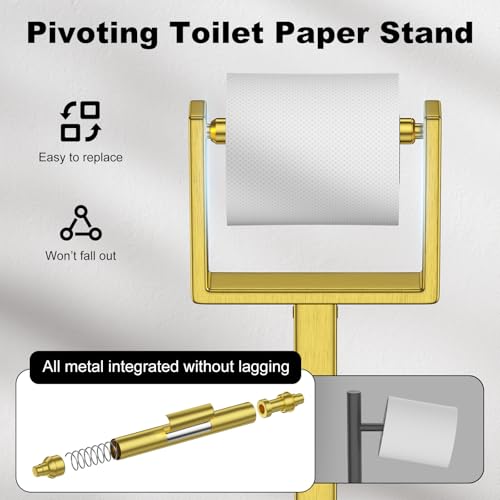Brass Gold Toilet Paper Holder Stand，Stainless Steel Toilet Paper Holder Free Standing，Stable Weighted Base Floor Tissue Roll Holder for Bathroom，Modern Pivoting Toilet Paper Stand - color: Brass Gold