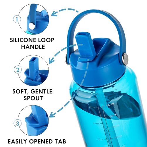 OLDLEY 32oz Water Bottle with Straw,Leakproof Tritan Clear Bottle with Marked Bottle and Carry Handle, BPA-Free Wide Mouth Reusable Sports Water Bottle for Gym,Hiking, Camping, Travel, Workout,Blue - color: Blue