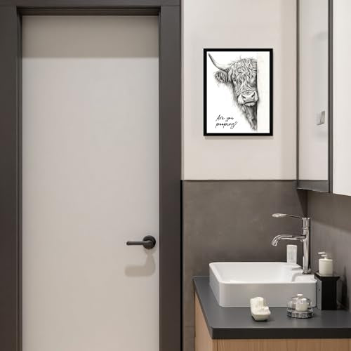 Urmoya Black and White Funny Highland Cow Bathroom Wall Art, Rustic Farmhouse Wall Decor with Humorous Are You Pooping Canvas Print, Cute Animal Art Prints Ready to Hang 8x10 Inch Wood Framed - color: Cow, size: 10"L x 8"W