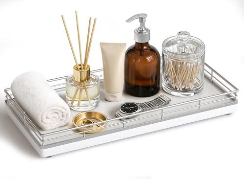 Bathroom Vanity Tray for Countertop, 12" x 6" Oak Wood Toilet Tank Tray | Metal Guardrail, Bathroom Organizer for Soap, Perfume & Skincare, Non-Slip Decorative Tray for Dresser, Silver & White - color: Silver, size: 12" x 6" x 1.5"
