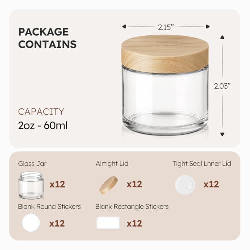 12 Pack 2 OZ Glass Jars with Lids, Small Glass Containers with Plastic Woodgrain Lids & Inner Liners, Reusable Travel Containers for Creams, Makeup, Lotion, Cosmetic, Ointment - color: Clear-12Pcs 2 Oz