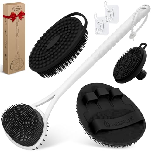 Silicone Back Body Face Scrubbers Set 4PCS, 15.35’’ Back Scrubber Soft Body Scrubber for Dual-Side Usage, Easy-to-Hold Soft Bath Glove & Face Scrubber for Good Foaming Deep Cleaning(Black) - color: Black*4