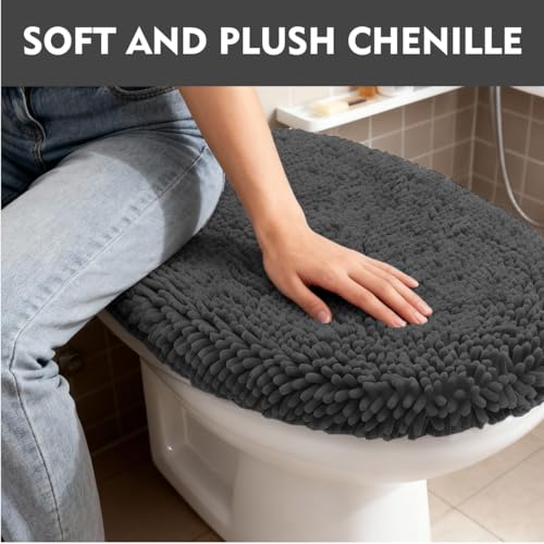 RUN HELIX Bathroom Toilet Lid Cover,Chenille Machine Washable Seat Covers, 17.5x15, Stays in Place Rubber Backing, Fits Most Round, Elongated and Oblong Lids, Accessories Decor, Dark Grey - color: Dark Grey, size: Lid 17.5"x15"