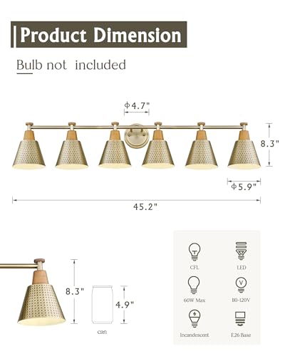 FEMILA Gold Light Fixture Bathroom, 6 Light Brushed Gold Vanity Light, 45.3" Bathroom Lighting Fixture Over Mirror, 4FG59B-6W BG - color: Gold, size: 45"