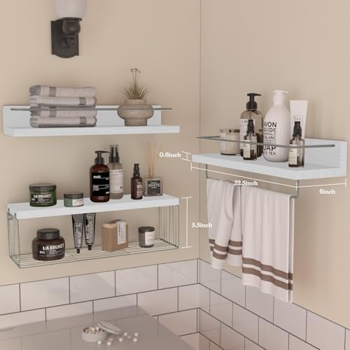 PopiShelves 22.5 inches Bathroom Shelves Over Toilet for Wall, Floating Shelves with Storage Basket Paper Holer for Kitchen Living Room, Bedroom & Classroom, Set of 3 (White and Grey) - color: White and Grey, size: 22.5"