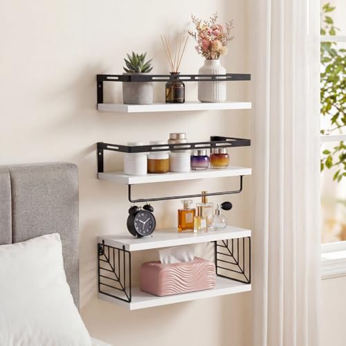 Fixwal Wall Mounted Bathroom Shelves Over Toilet, Rustic Wood Floating Shelves with Metal Frame and Towel Bar for Bathroom, Kitchen, Bedroom, Living Room (3 Plus 1 White) - color: 4-white