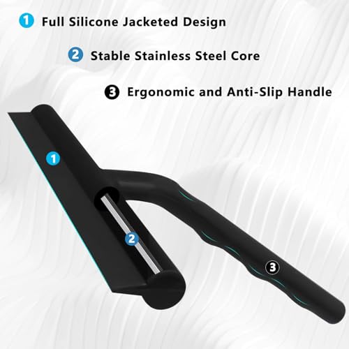 Shower Squeegee for Glass Doors, Full Silicone Jacketed Squeegee with Ergonomic Handle & No-Drill Hook, Cleaning Tool for Windows, Mirrors, Tiles, Bathroom & Car - Black - color: Black, size: without loop
