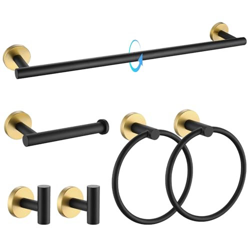 TQKAG Black and Gold Bathroom Hardware Set 6-Piece Bathroom Accessory Set 23.6 Inch Round Stainless Steel Towel Bar Set Wall Mounted - color: Black+gold, size: 6-Pieces Set