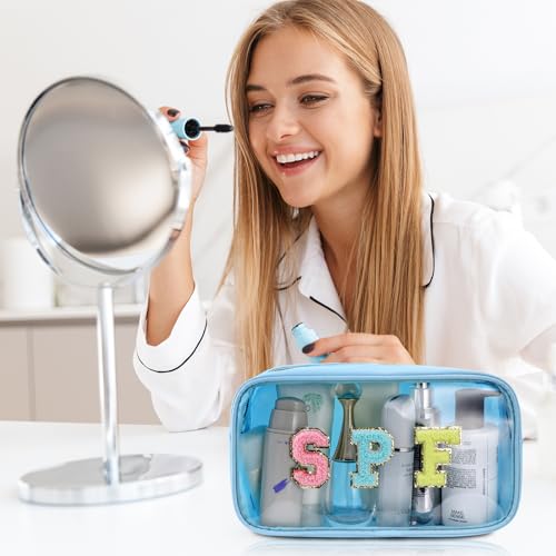 SPF Cosmetic Bag - Women’s Clear Beach Makeup Organizer with Chenille Letters, PVC Waterproof Toiletry Pouch for Sunscreen, Pool, Travel & Swimming - style: Blue-spf
