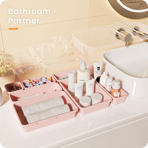 【Military Grade】A-LuGei Drawer Organizer,【𝟱𝗦𝗶𝘇𝗲】Makeup organizer,【Holds 177 Items】Bathroom Organizers and Storage,Organization and Storage,Desk Drawer Organizer for Vanity【Pink】 - color: Pink