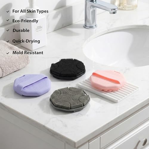 MtBoi 2 Pack Silicone Exfoliating Body Scrubber with Handle, Soft Silicone Loofah for Sensitive Skin, Body Brush & Shower Head Massager with Hanging Loop, Easy to Clean, Rich Lather (Black&Purple) - color: Black&purple