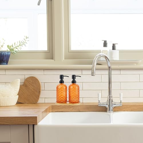 12Oz Glass Soap Dispenser with 304 Black Rustproof Stainless-Steel Pump, Refillable Glass Soap Dispenser for Kitchen, Bathroom, Farmhouse (2pack& Tray) - color: Orange-2pack& Tray