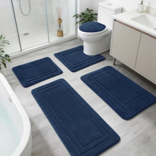 YIHOUSE Bathroom Rugs Sets 5 Piece, Towel-Like Soft Absorbent Thick High Density Memory Foam Bath Mat Set, Non-Slip Machine Washable Bath Rugs for Bathroom, Tub & Shower, Dark Blue - color: Dark Blue, size: 1'8" x 3'10" (5 pieces)