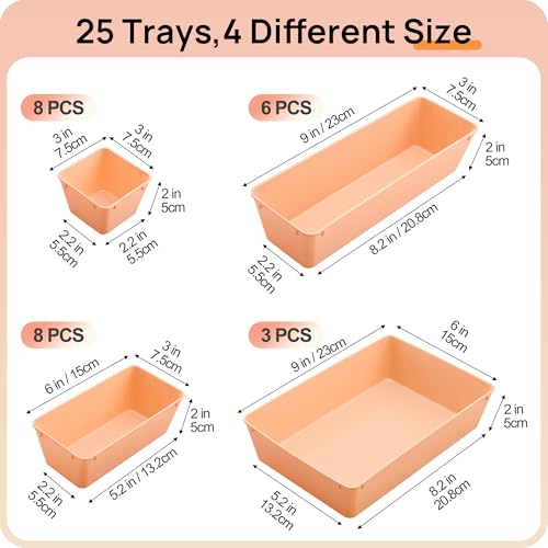 Vtopmart 25 PCS Plastic Drawer Organizers Set, 4-Size Versatile Bathroom and Vanity Drawer Organizer Trays, Storage Bins for Makeup, Bedroom, Kitchen Gadgets Utensils and Office - color: Orange
