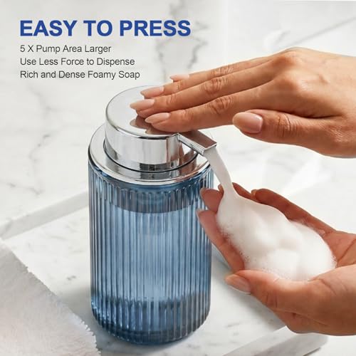 KASUNTING Blue Glass Foaming Soap Dispenser, Ribbed Foam Hand Soap Dispenser for Bathroom, 11 Fl Oz Refillable Foaming Pump Bottle with Black Pump, Modern Dish Soap Foam Dispenser - color: Blue Bottle+ Sliver Pump, size: Foam-1 Pack