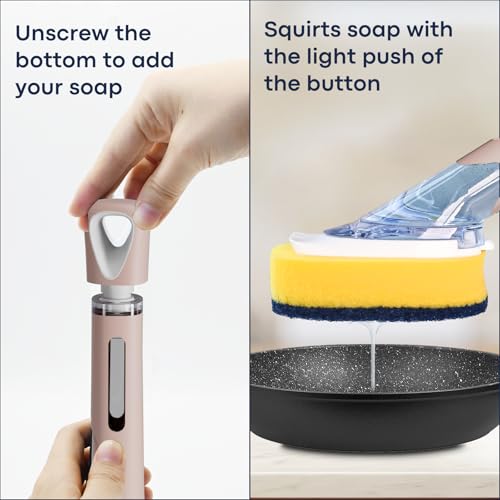Dish Brush with Soap Dispenser Storage Set with 2 PCS Sponge Refills & Holder, Soap Dispensing Dish Brushes, Sponge with Soap Dispenser Handle, Dish Sponges with Handle for Dishes Pans Pots Sink - color: Pink