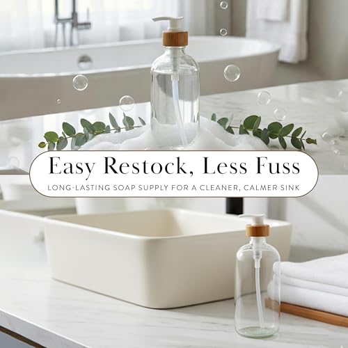 SAVVY & SORTED Glass Hand Soap Dispenser Bathroom, Dish Soap Dispenser for Kitchen Sink, Refillable Clear Glass Bottles with White Bamboo Pump for Liquid Hand Wash, 17 Fl Oz / 500 ml - color: Clear Bottle - 500 Ml