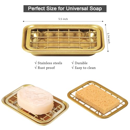 Kitchen and Bathroom Soap Dish Tray - Metal 2-Piece Soap Dish Tray with Drainage Grid and Holder for Kitchen Sink Countertops to Store Soap, Sponges, Scrubbers - Rust Resistant (2 Pack, Gold) - color: Gold