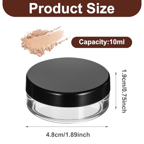 2PCS 10ml/0.34oz Refillable Loose Makeup Containers, Plastic Empty Travel Compact Case, Small Cosmetic Jars with Rotatable Sifter and Black Screw Lid, No Leak Loose Face Compact Case for Foundation
