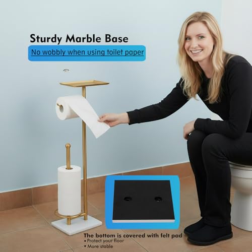 Gold Toilet Paper Holder with Shelf, Free Standing Toilet Paper Holder with Storage - Toilet Paper Stand for Holding Extra 3 Rolls, Tissue Holder for Bathroom (Gold with Marble Base) - color: Gold With Marble Base