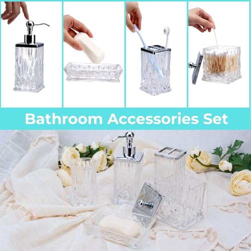Bathroom Accessories Set,5 Pcs Clear Glass Bathroom Accessory Set,Complete Lotion Soap Dispenser,Toothbrush Holder, Soap Dish,Tumbler & Jar,Modern Bathroom Decor Sets Gift,Square - style: Square(Clear)