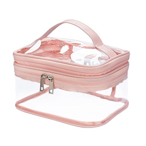 Double Layer Clear Cosmetic Bag Makeup Bag, Waterproof Travel Toiletry Bag, Transparent PVC Hair & Nail Accessories Pouch Beach Bag Organizer (Pink) - color: Pink