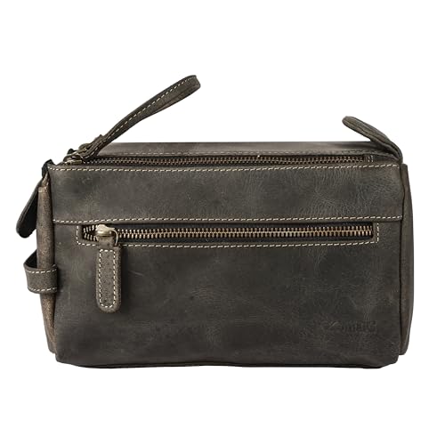 KomalC Premium Buffalo Leather Toiletry Bag for Men & Women With Water resistant Lining, Grooming Travel Pouch, Unisex Wash Bag for Toiletries, Gifts for Men and Women - color: Charcoal Black