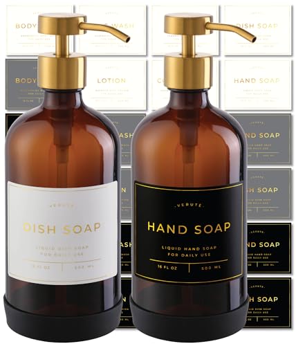 Hand and Dish Soap Dispenser for Kitchen and Bathroom, Set of 2 16 Oz Glass Bottles, Stainless Steel Pumps, Non-Slip Silicone Base, 27 Waterproof Labels (Amber Bottle/Brushed Gold Pump) - color: Amber Bottle / Brushed Gold Pump