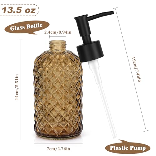 1 Pack 13.5oz Glass Soap Dispenser with Plastic Pump, Diamond Design Refillable Hand Soap Dispenser for Hand Wash, Bathroom and Kitchen (Amber) - color: Amber