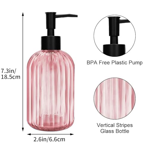 Pack of 2 Glass Soap Dispenser with Black Pump, 400 ml Refillable Pump Dispenser for Kitchen, Bathroom, Laundry Room, Liquid Glass Bottle for Washing Up Liquid, Shampoo, Conditioner (Pink) - color: Pink