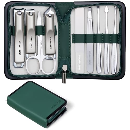 FAMILIFE Manicure Kit for Women, 9 Pcs Carbon Steel Nail Grooming Kit with Compact Case, Stylish Green Travel Manicure Set for Home, On-the-Go Care, Daily Use Nail Clipper Set (Green) - color: Green