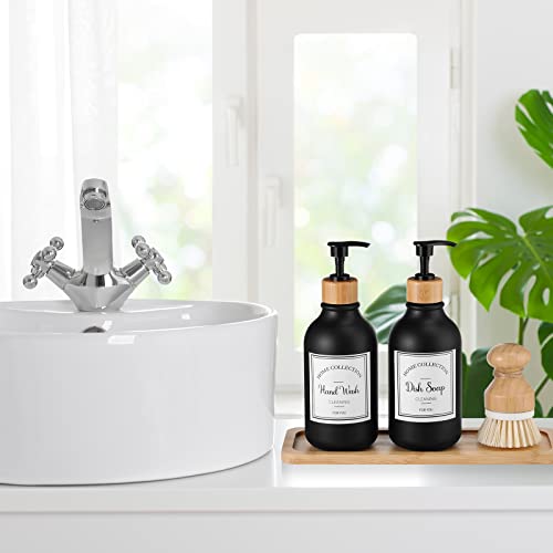 Zopeal 4 Pcs 16 oz Kitchen Soap Dispenser Set with Bamboo Tray and Dish Brush Plastic Soap Dispenser Set with Waterproof Labels for Hand Dish Lotion(Frosted Black) - color: Frosted Black