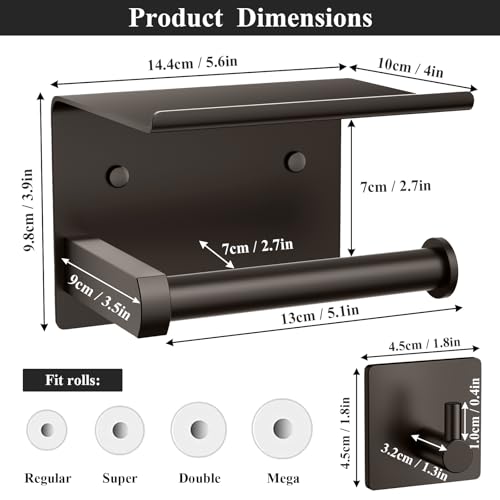 Tindbea Toilet Paper Holder with Phone Shelf + Towel Robe Hooks, Adhesive or Screw Wall Mounted Toilet Paper Roll Storage Dispenser, Stainless Steel Bathroom Tissue Roll Holder (Bronze) - color: Bronze, size: Regular