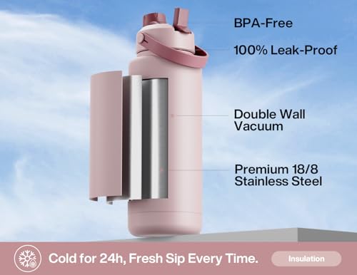 POWCAN 40 oz Insulated Water Bottle with 2-in-1 Straw and Spout Lid, Keep Cold 24H, Leak-Proof, BPA-Free, Double Wall Stainless Steel Water Bottle for Sports, Gym, Travel, and School (Dried Rose) - color: Dried Rose, size: 40 Ounces