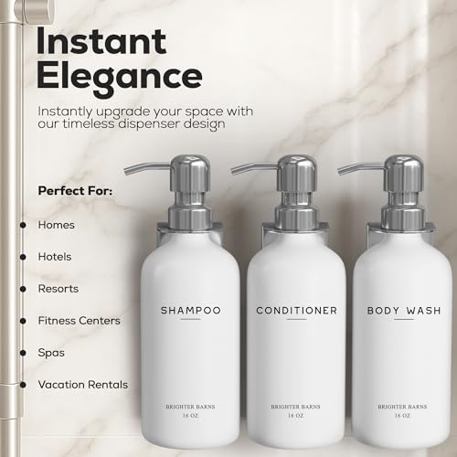 Luxury Shampoo and Conditioner Dispenser Set Wall Mounted by Brighter Barns - Refillable Shampoo Dispenser for Shower Wall - Shower Bottles 3 Chamber No Drill for Guest Bathroom, Airbnb, Hotel (White) - color: Modern (Silver)